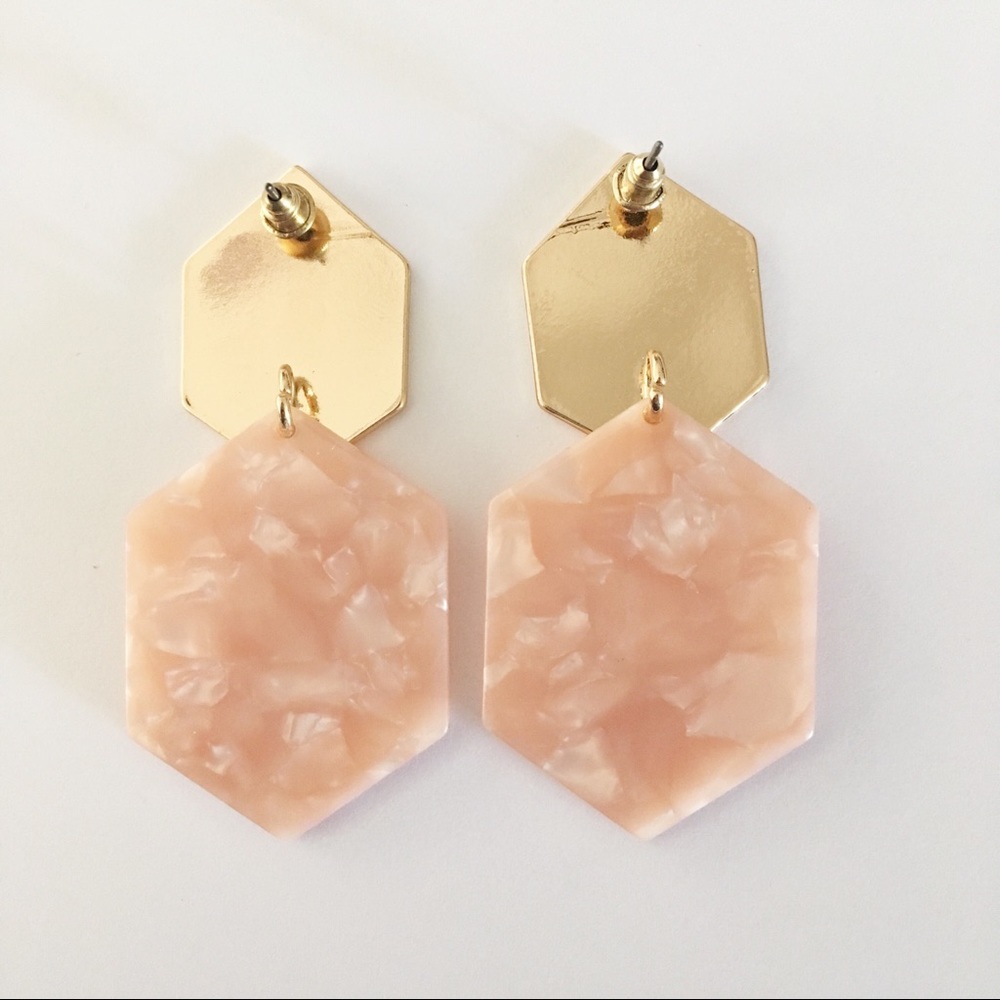 Blush Pink Marble Gold Geometric Dangle Earrings - Picture 3 of 4